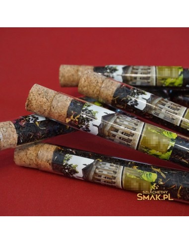 Szklana probówka z herbatą - firmowy gadżet